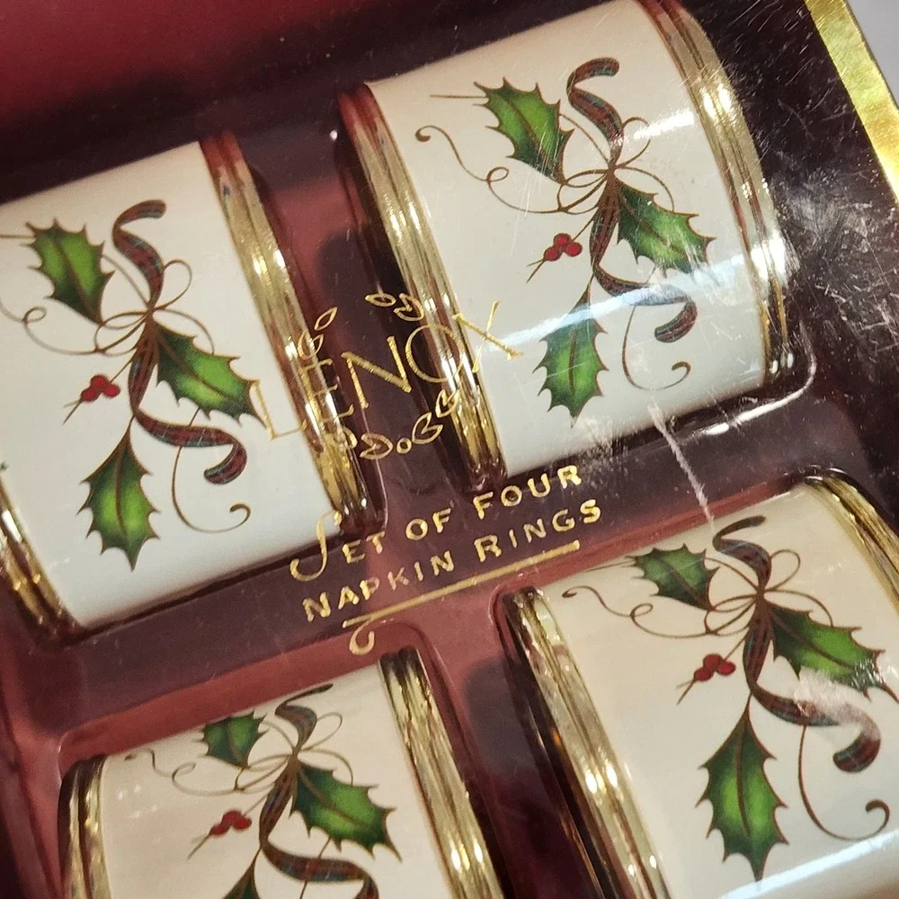8 Lenox Holiday Nouveau Tartan  Napkin Rings‎ Ivory Gold Holly Berry Christmas